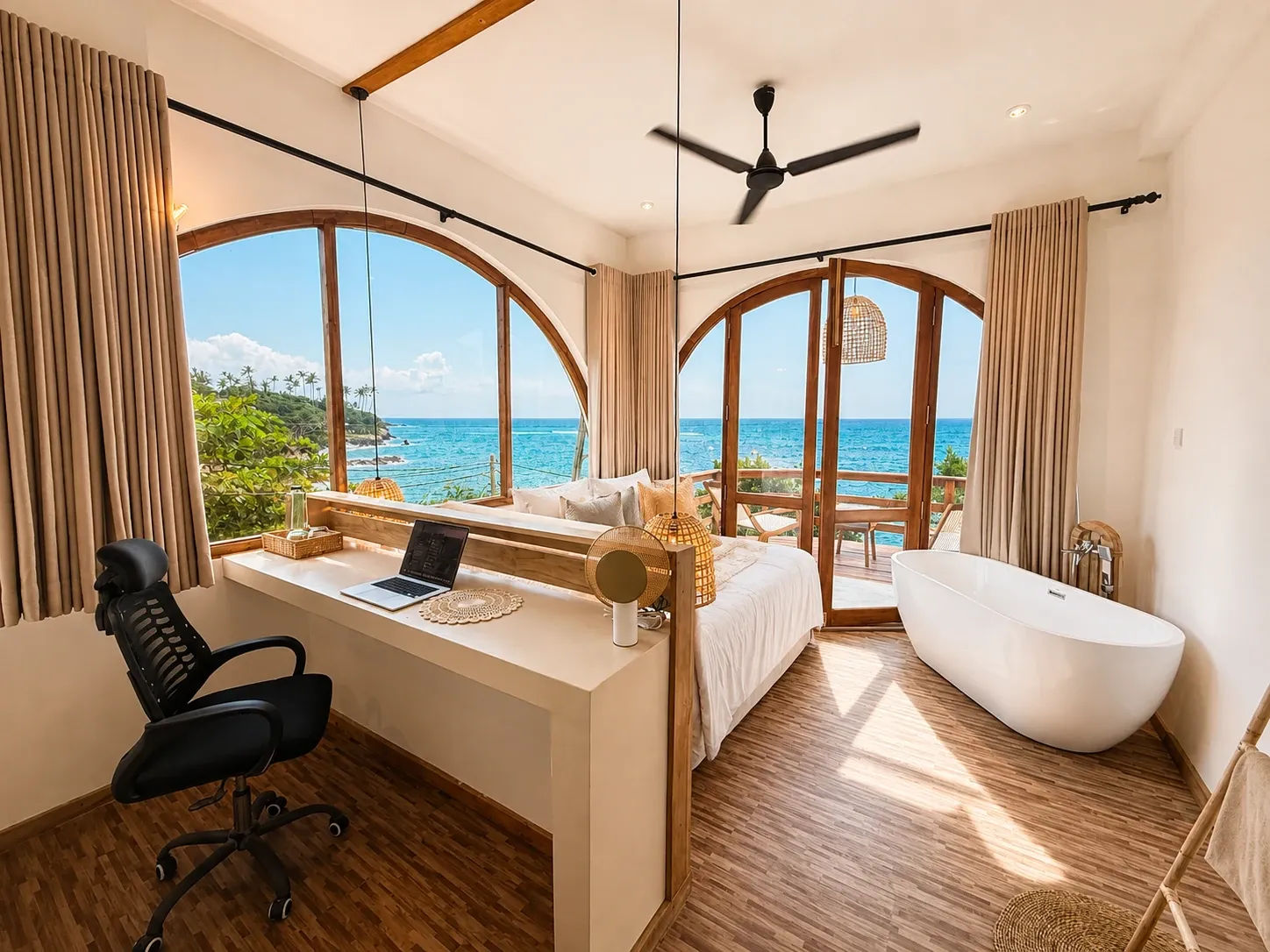 Tropical hot tub suite workspace and sea view