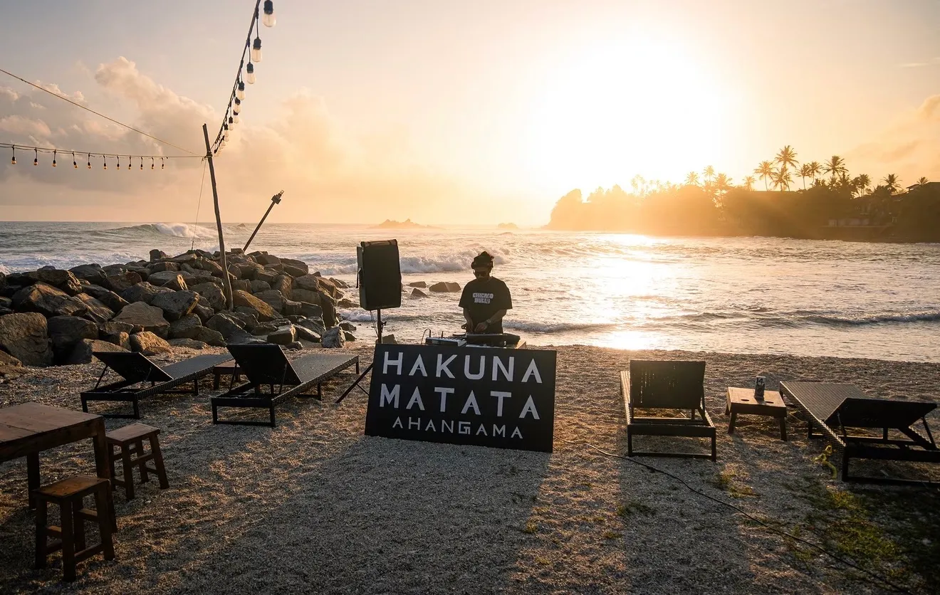 DJ playing on the beach at sunset at Hakuna Matata, Ahangama