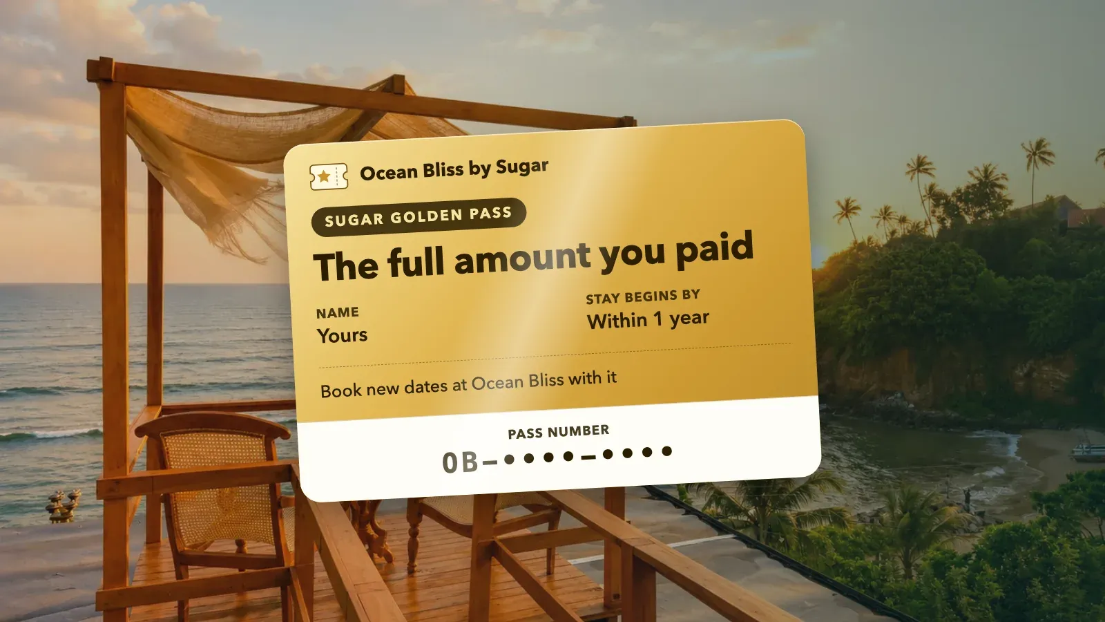 The Sugar Golden Pass card over the sunset deck at Ocean Bliss, Weligama